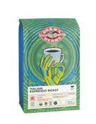 The front of a 16 ounce bag of Dean’s Bean’s Organic coffee labeled “Italian Espresso Roast"