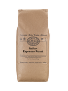 The front of a 5lb bag of Dean’s Bean’s Organic coffee labeled “Italian Espresso Roast"