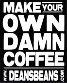 a black rectangular sticker with white lettering that reads "make your own damn coffee"