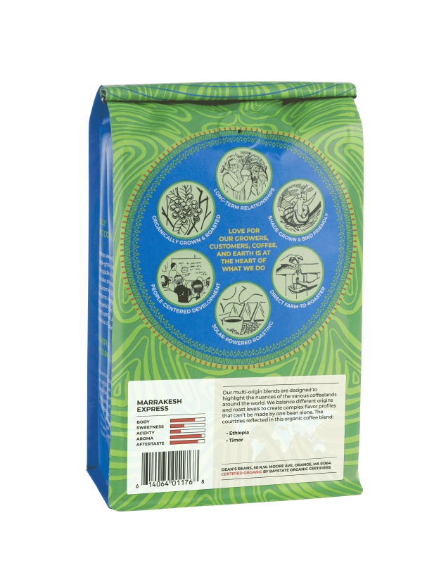 The back of a 16 ounce bag of Dean’s Bean’s Organic coffee 