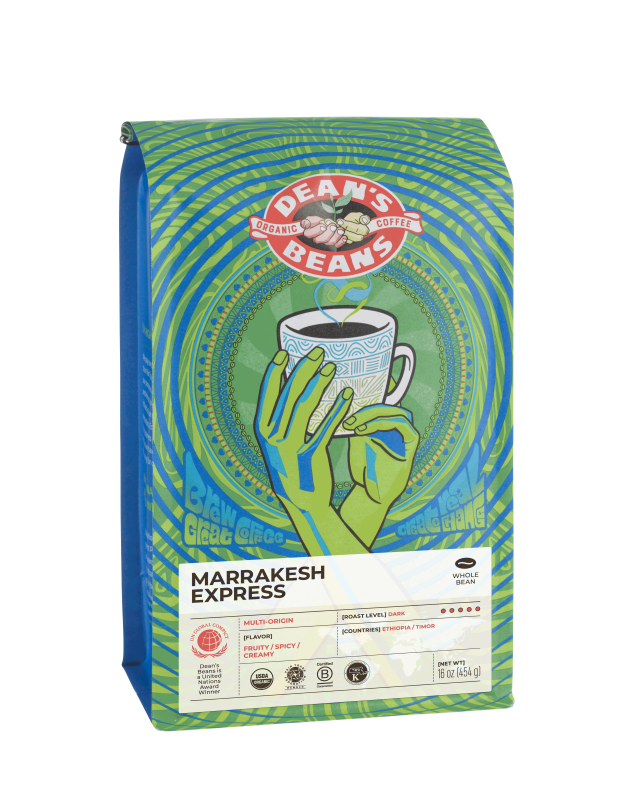 The front of a 16 ounce bag of Dean’s Bean’s Organic coffee labeled "Marrakesh Express”