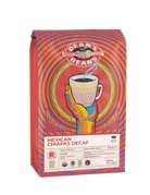 The front of a 16 ounce bag of Dean’s Bean’s Organic coffee labeled “Mexican Chiapas - Natural Water Process DECAF”