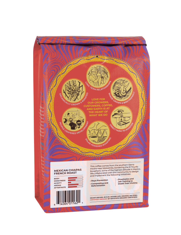 The back of a 16 ounce bag of Dean’s Bean’s Organic coffee 