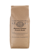 The front of a 5lb bag of Dean’s Bean’s Organic coffee labeled “Mexican Chiapas French Roast”