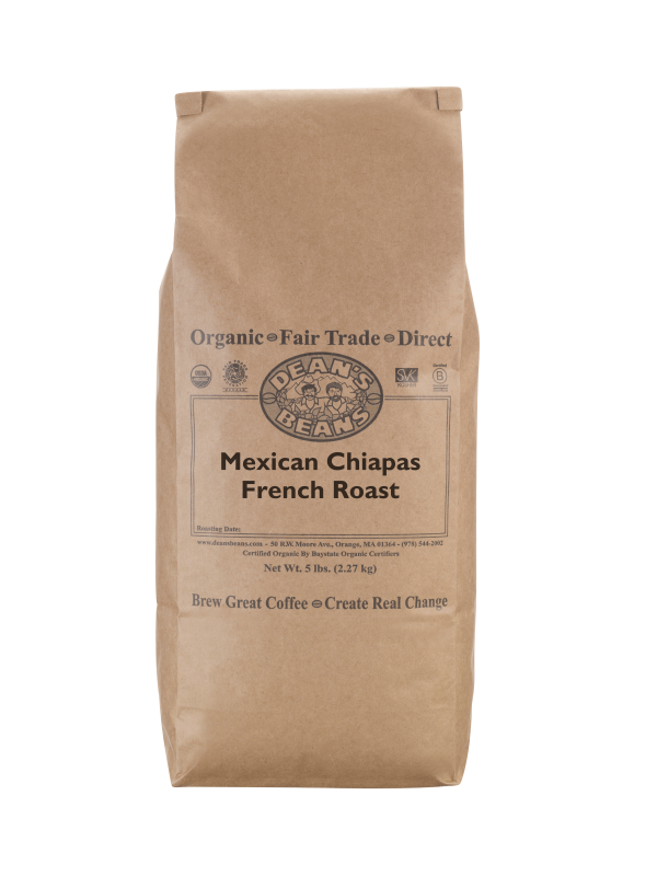 The front of a 5lb bag of Dean’s Bean’s Organic coffee labeled “Mexican Chiapas French Roast”