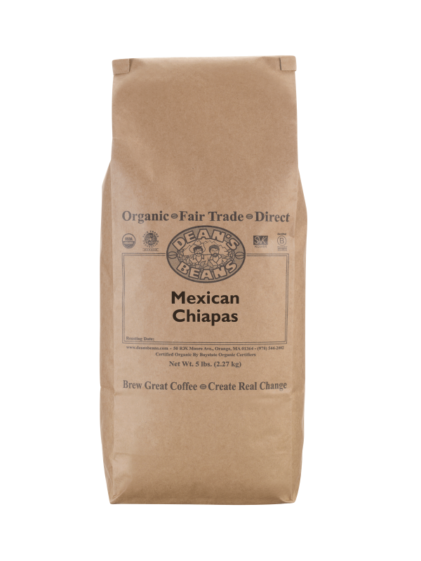 The front of a 5lb bag of Dean’s Bean’s Organic coffee labeled “Mexican Chiapas”