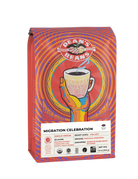 The front of a 16 ounce bag of Dean’s Bean’s Organic coffee labeled “Migration Celebration”