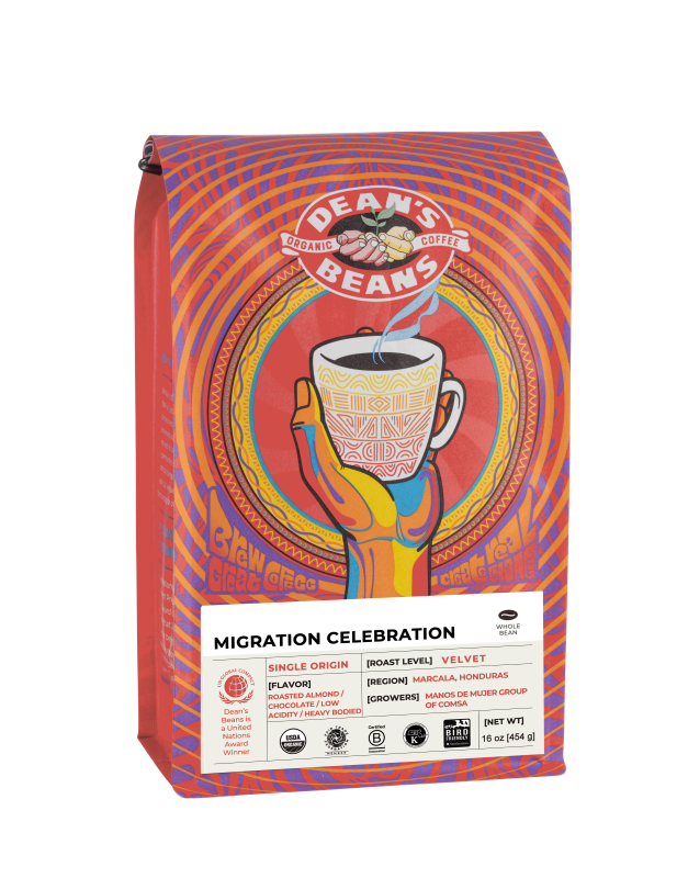 The front of a 16 ounce bag of Dean’s Bean’s Organic coffee labeled “Migration Celebration”