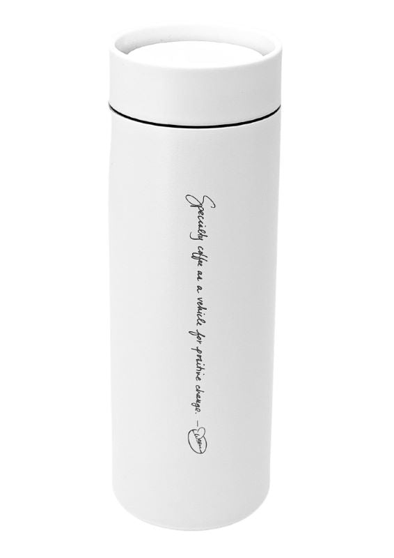 a white stainless steel tumbler engraved with the dean's beans hands logo