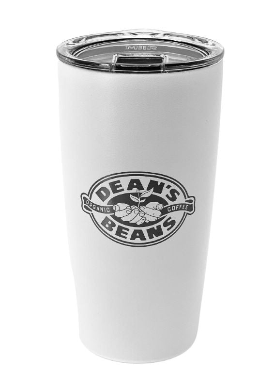 a white stainless steel mug engraved with the dean's beans hands logo  