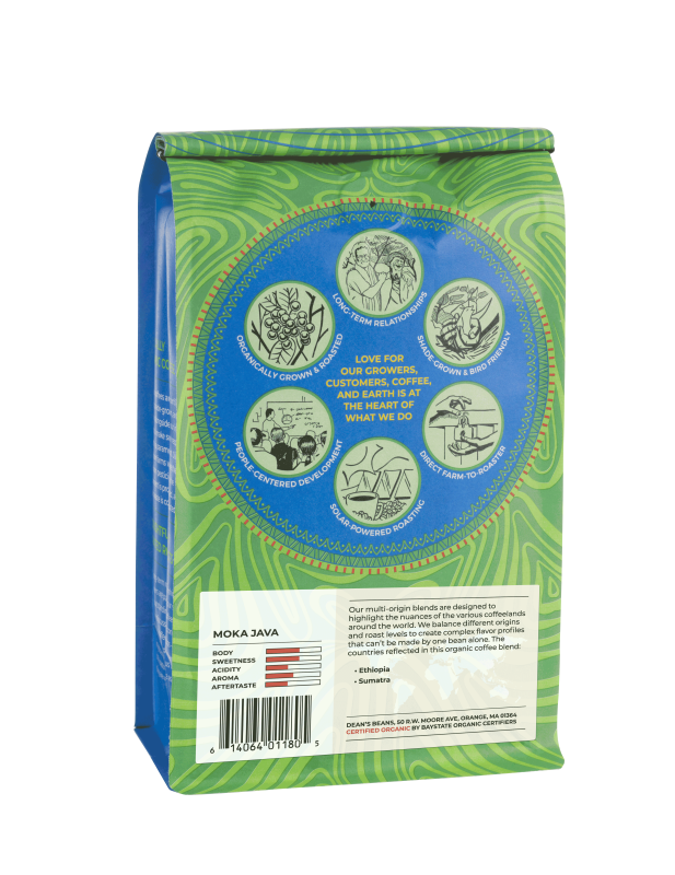 The back of a 16 ounce bag of Dean’s Bean’s Organic coffee 