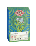 The front of a 16 ounce bag of Dean’s Bean’s Organic coffee labeled “Moka Java”