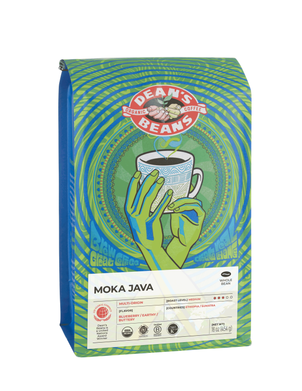 The front of a 16 ounce bag of Dean’s Bean’s Organic coffee labeled “Moka Java”