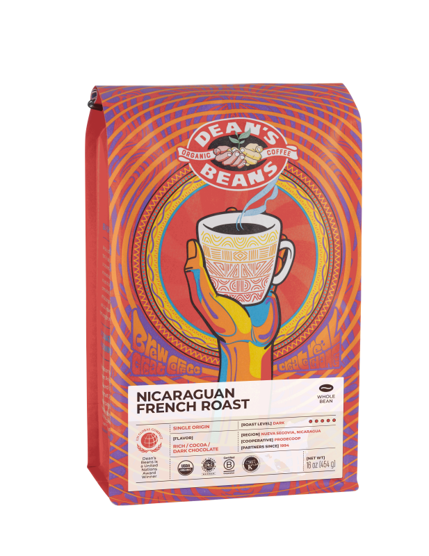 The front of a 16 ounce bag of Dean’s Bean’s Organic coffee labeled “Nicaraguan French Roast”