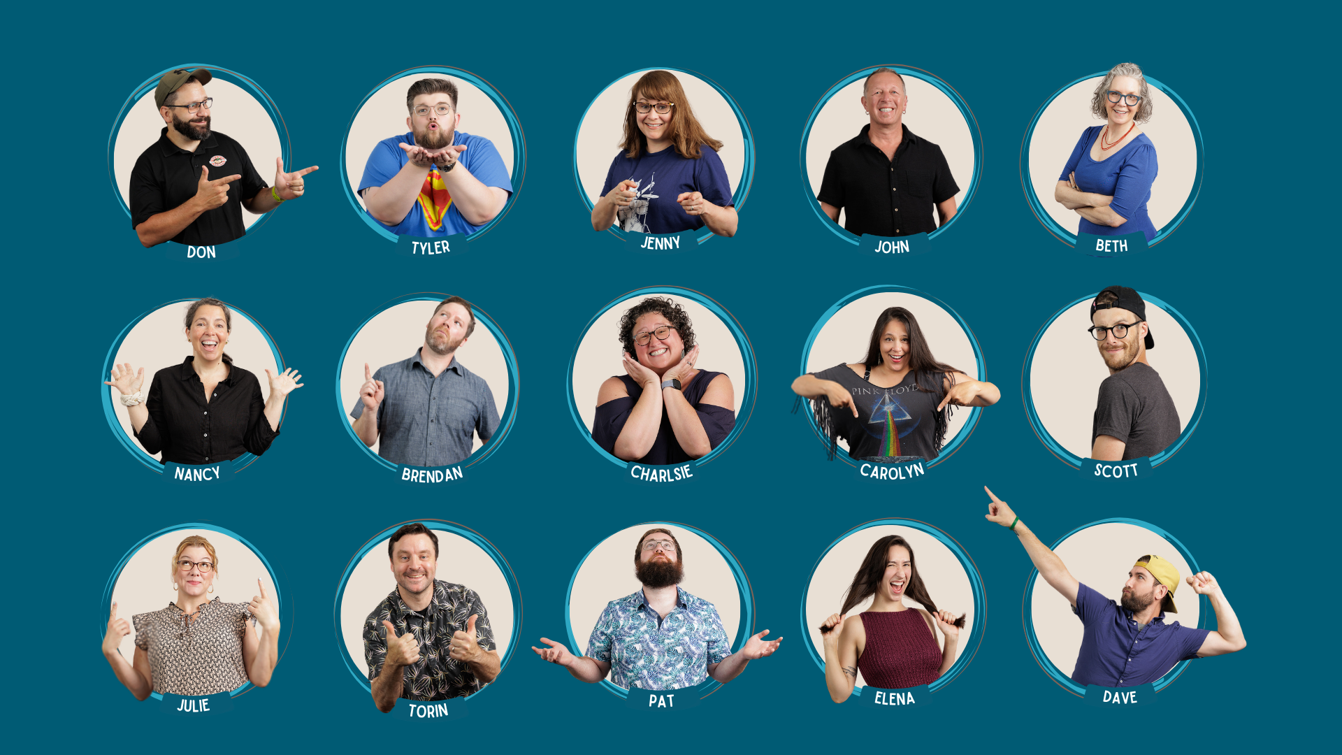 Grid of circular portraits with people labeled on a blue background. The names listed are: Don, Tyler, Jenny, John, Beth, Torin, Nancy, Brendan, Charlsie, Carolyn, Scott, Julie, Pat, Elena, and Dave