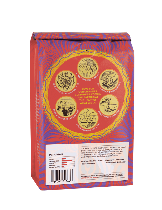 The back of a 16 ounce bag of Dean’s Bean’s Organic coffee 