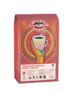 The front of a 16 ounce bag of Dean’s Bean’s Organic coffee labeled “Peruvian French Roast- Natural Water Process DECAF”