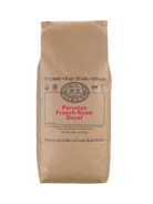 A 5 pound bag of Dean’s Bean’s Organic coffee labeled “Peruvian French Roast- Natural Water Process DECAF”