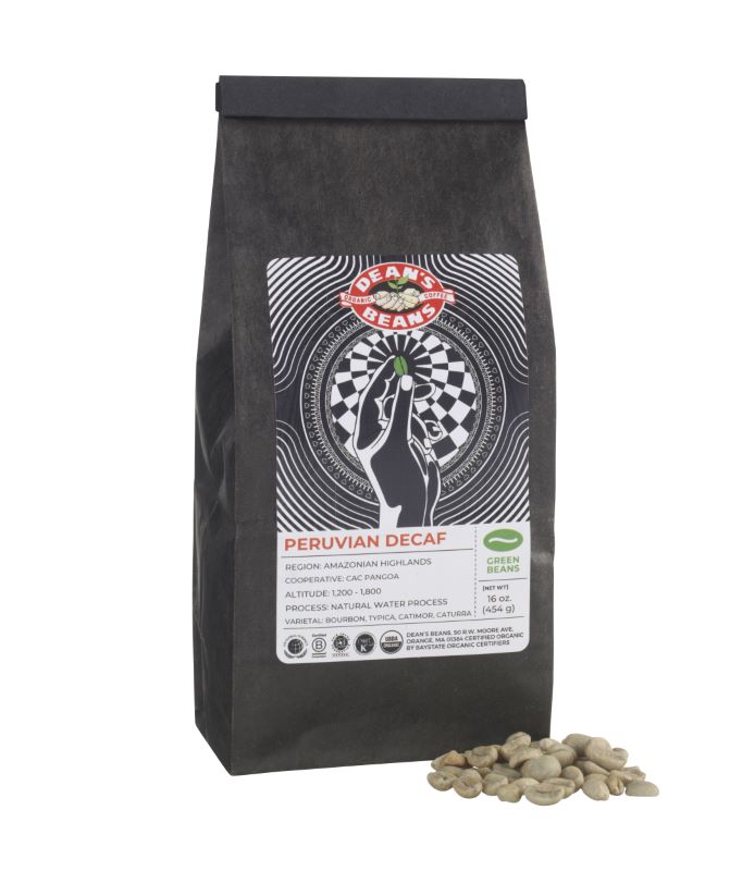 a 1 pound bag labeled Peruvian Decaf