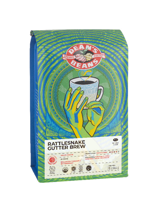 The front of a 16 ounce bag of Dean’s Bean’s Organic coffee labeled “Rattlesnake Gutter Brew”