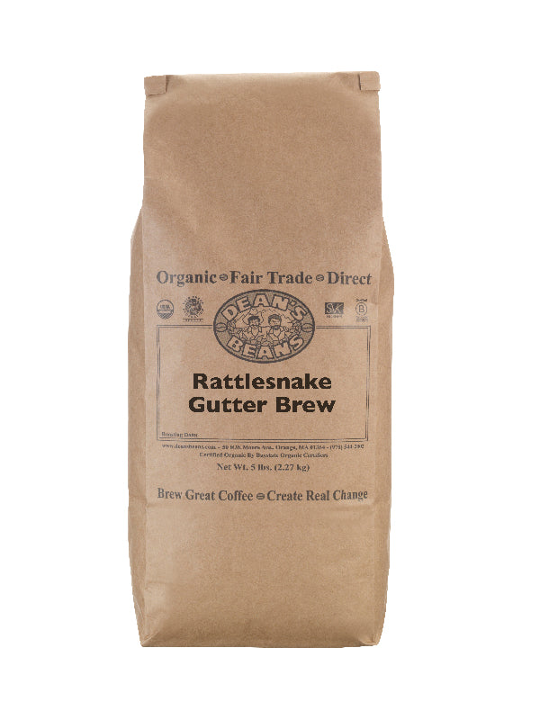 The front of a 16 ounce bag of Dean’s Bean’s Organic coffee labeled “Rattlesnake Gutter Brew”