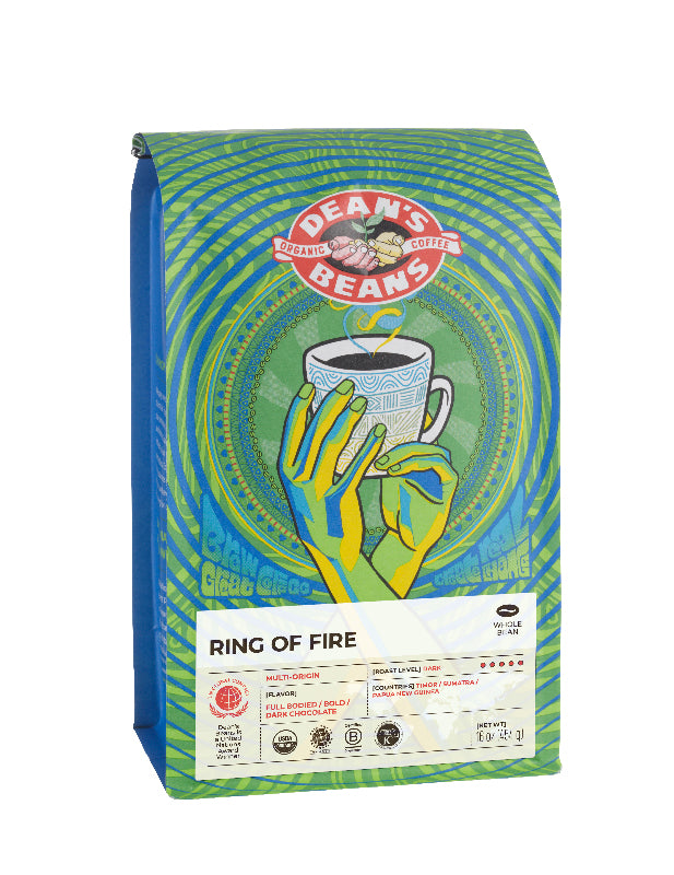 The front of a 16 ounce bag of Dean’s Bean’s Organic coffee labeled “Ring of Fire”