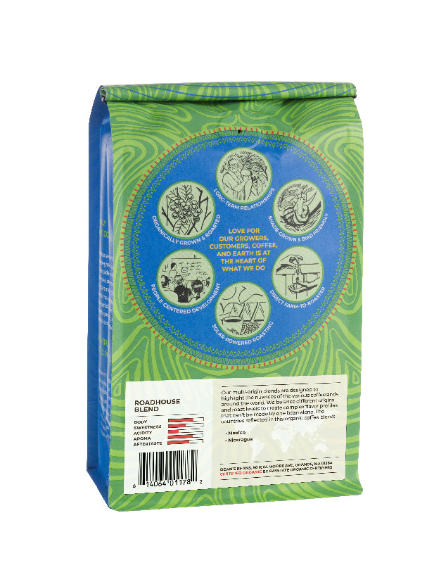 The back of a 16 ounce bag of Dean’s Bean’s Organic coffee labeled “Roadhouse”