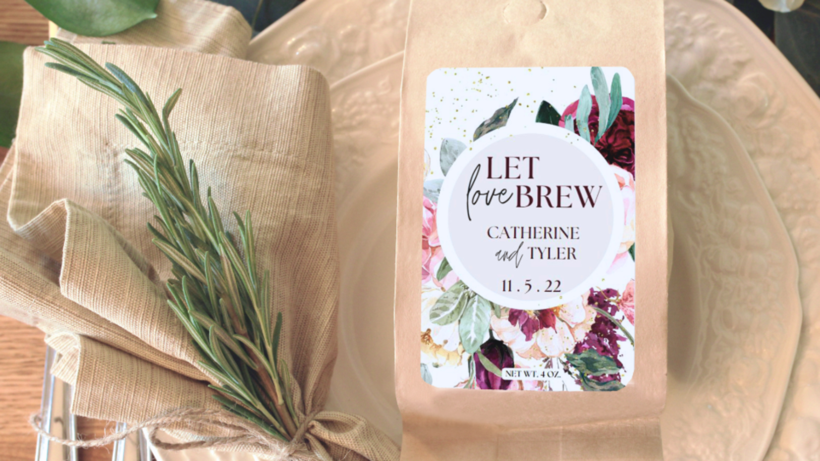 A decorative wedding table setting with a bag of coffee with a customized floral label 