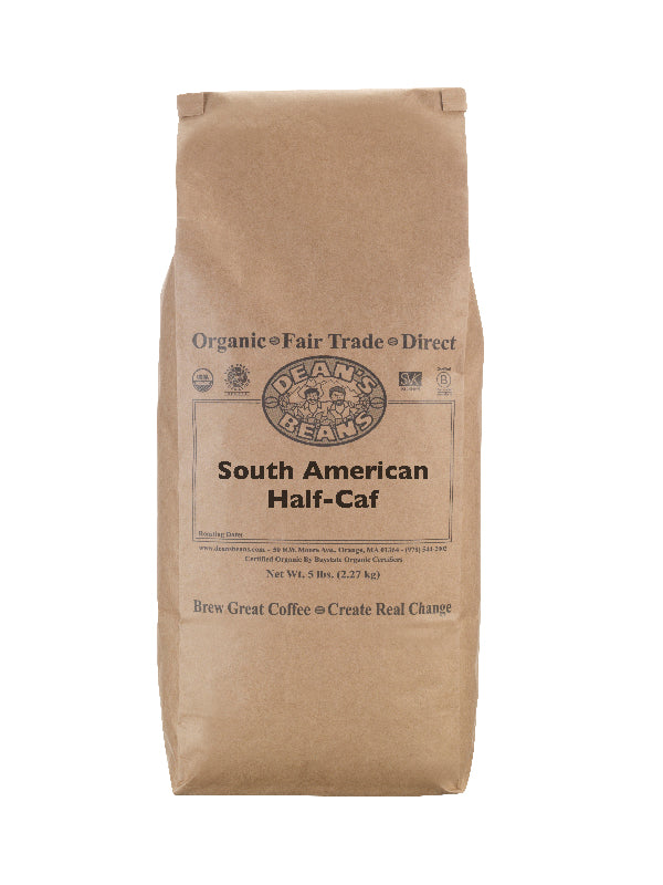 a 5 pound bag of Dean’s Bean’s Organic coffee labeled “South AmericanHalf-Caf”