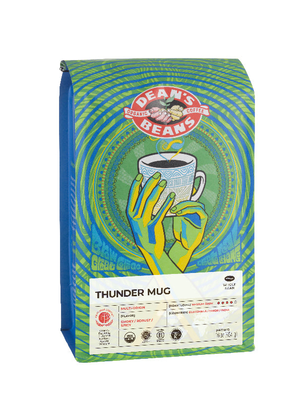 The front of a 16 ounce bag of Dean’s Bean’s Organic coffee labeled Thunder Mug
