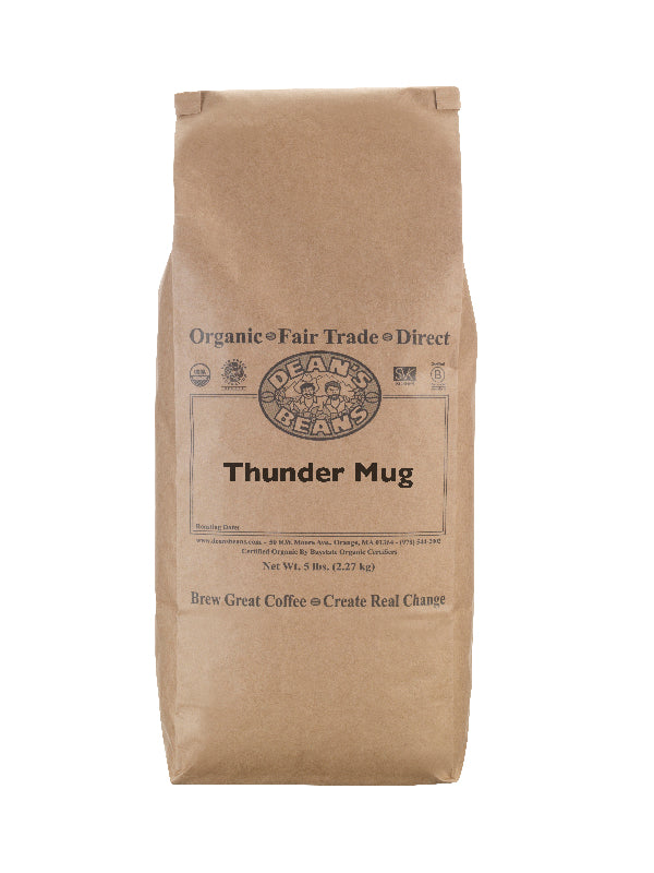 A 5 pound bag of Dean’s Bean’s Organic coffee labeled  Thunder Mug