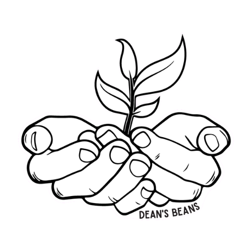 a die cut sticker of the dean's bean hands logo in black and white