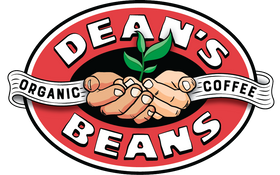 The Dean's Beans logo: two hands in the center with a seedling growing out of them