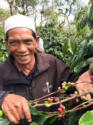 A smiling farmer showing off some of his coffee cherries