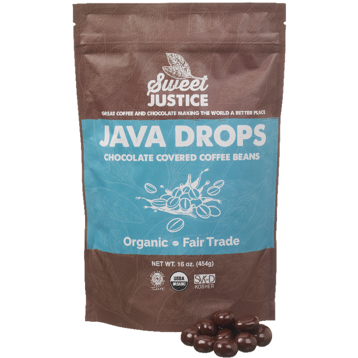 A bag of Java Drops, with a small pile of java drops in front