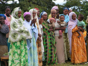 A group of Ethiopian women and small children in brightly colored clothing