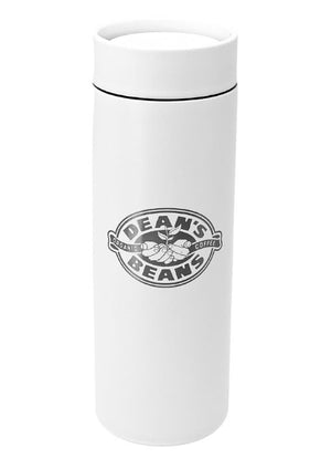A tall, white MiiR travel mug with a screw on flip top and engraved with the Dean's Beans logo