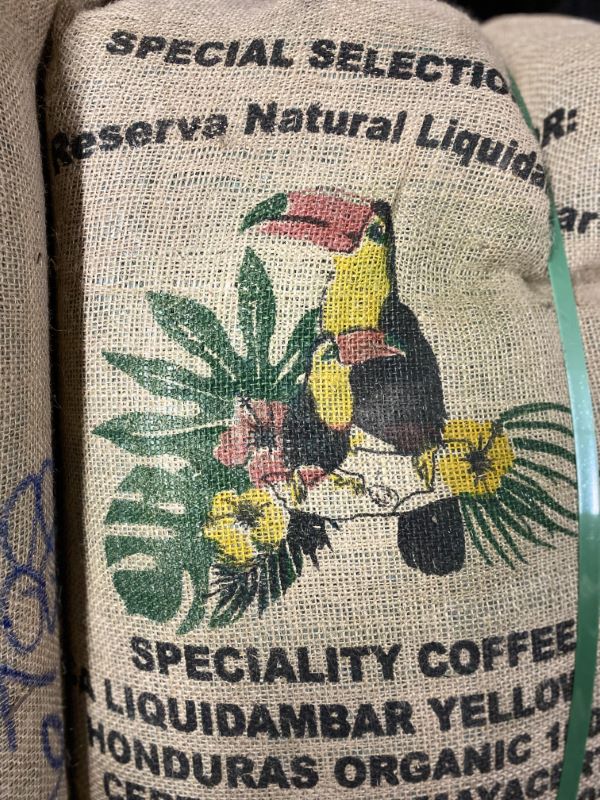 A photo of the burlap bag that the coffee arrived in that features a toucan and hibiscus flowers