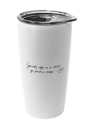 The opposite side of a white MiiR travel mug etched with "Specialty coffee as a vehicle for positive change." and Dean's signature bean