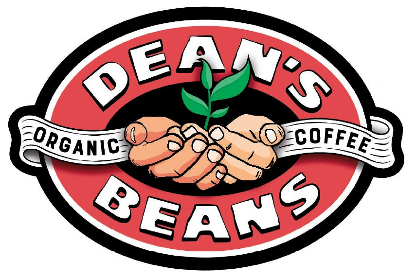 Red oval Dean's Beans logo with white lettering and a black border