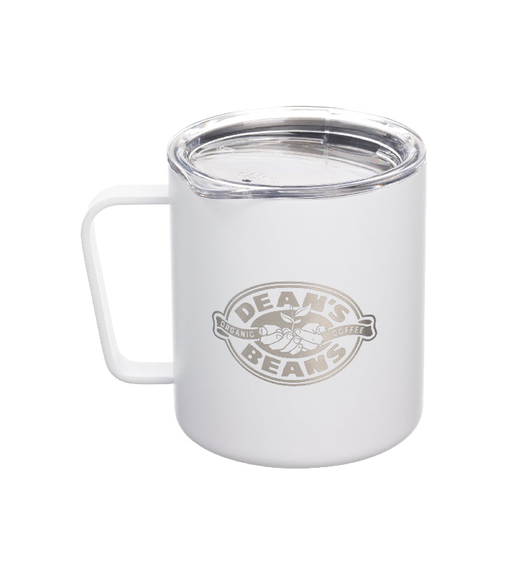 White Camp Style Travel Mug etched with Dean's Beans Logo