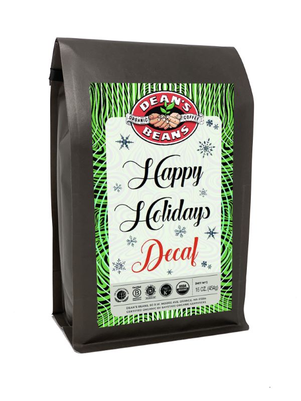 Happy Holidays Blend Decaf front label with snowflakes