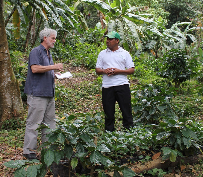 Dean talking with a farmer surrounded by small coffee plants