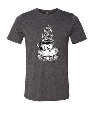 Men's Grey T-Shirt with Coffee Cup and "Make Coffee Not War" Slogan