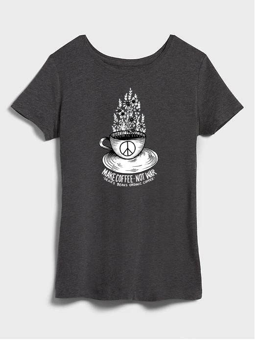 Women's Grey T-Shirt with Coffee Cup and "Make Coffee Not War" Slogan